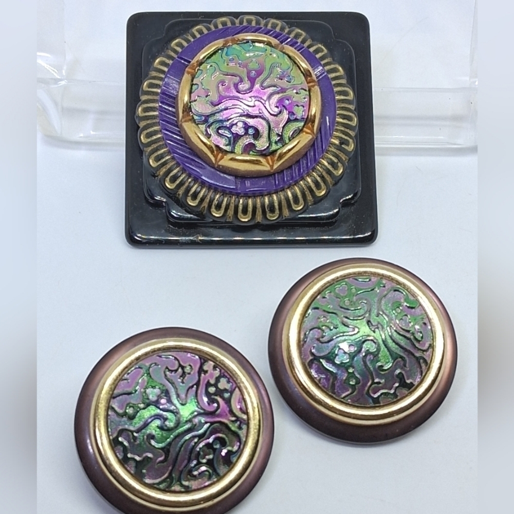 * Vintage Tammy Designs Iridescent Dome Pin Brooch & Clip On Earrings SET